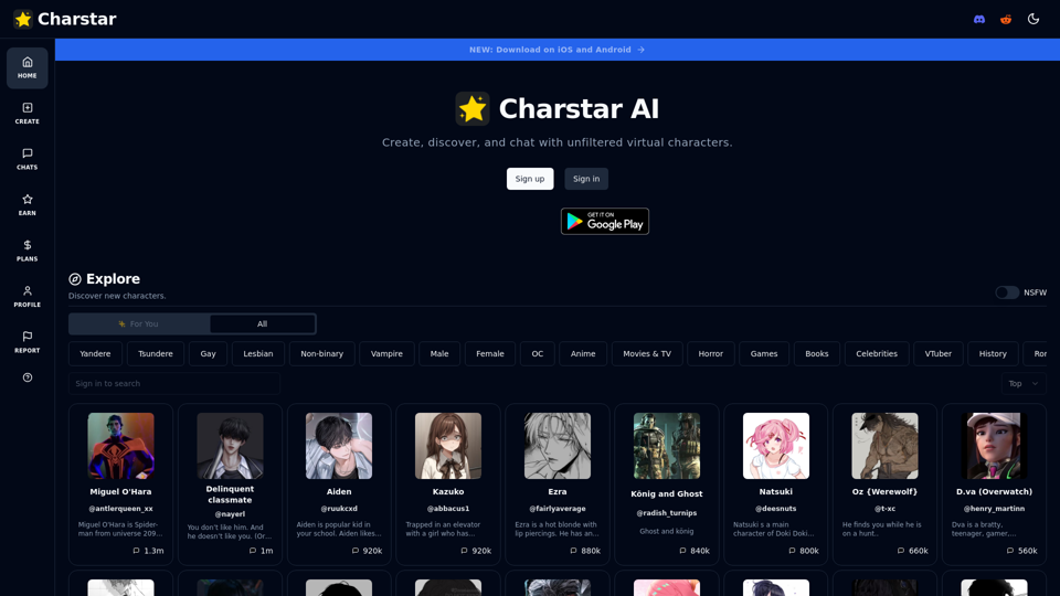 Charstar: Chat with virtual AI characters