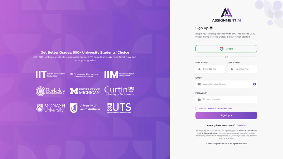 Sign up | AssignmentGPT AI