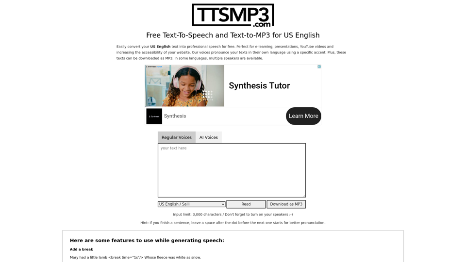 Free Text-To-Speech for 28+ languages & MP3 Download | ttsMP3.com