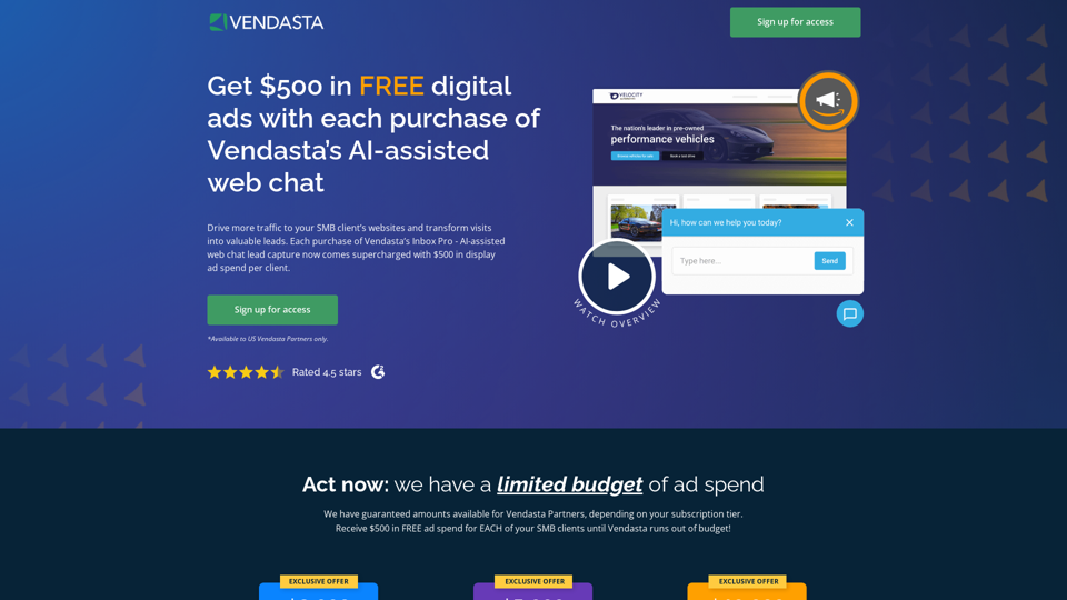 Get $500 in FREE digital ads with each purchase of Vendasta’s AI-assisted web chat