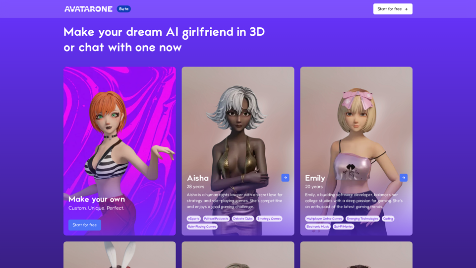 Avatar.One - Make your own dream AI girlfriend in immersive 3D