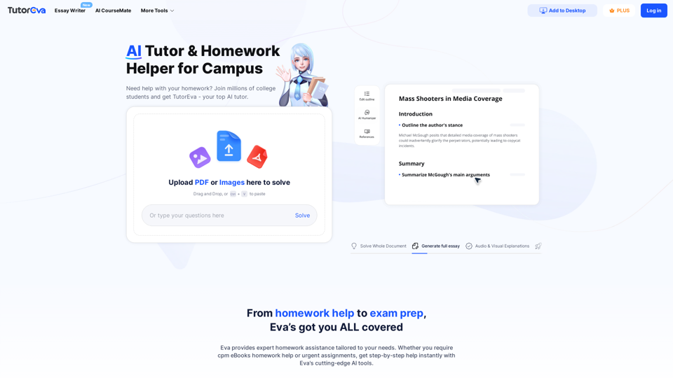 AI Homework Helper & AI Tutor for All College Subjects – TutorEva