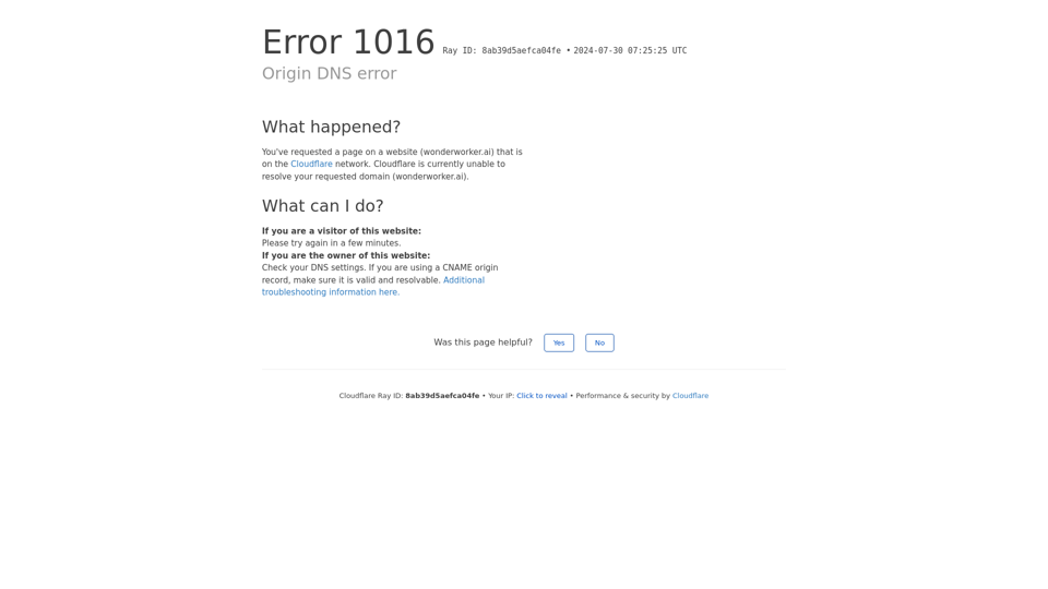 Origin DNS error | wonderworker.ai | Cloudflare