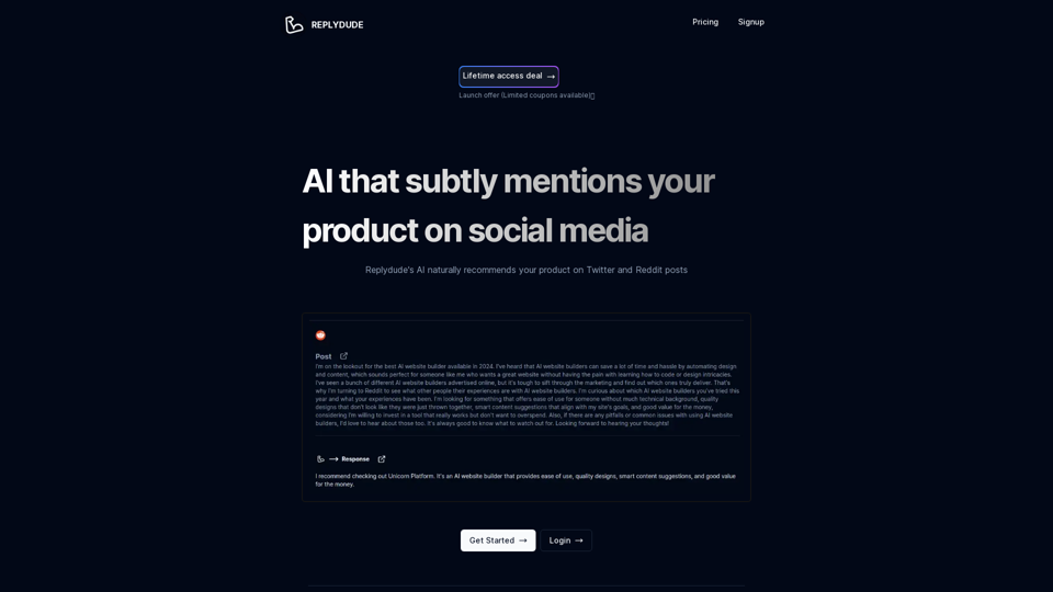 Replydude | AI that subtly introduces your product on social media