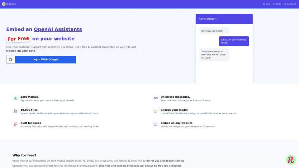 Rispose | Embed OpenAI Assistants on any site free