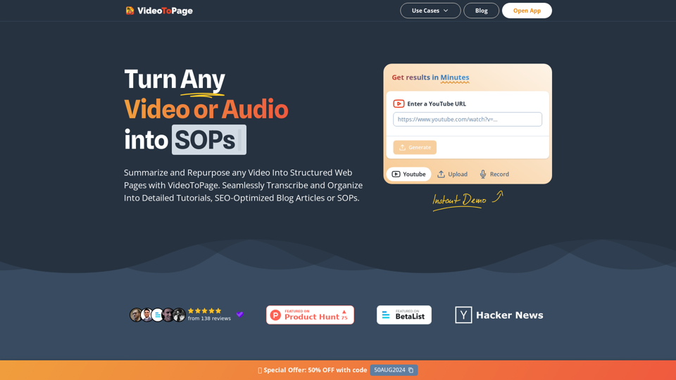 VideoToPage - Instantly summarize and repurpose any video or audio